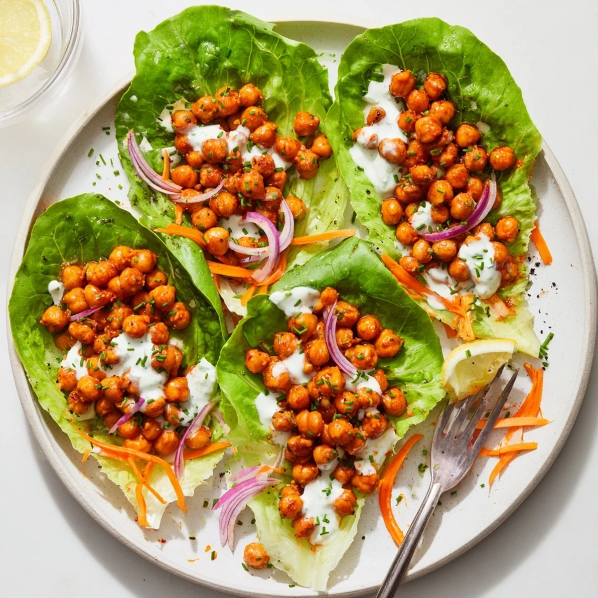 Easy weeknight Buffalo Chickpea Lettuce Wraps, sauteed golden chickpeas and crunchy veggies