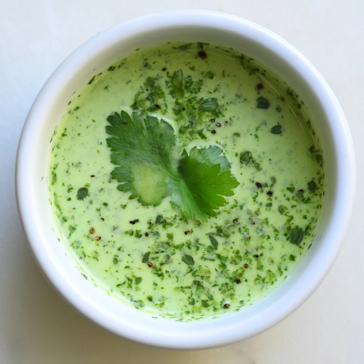 Cilantro Lime Fresh Dressing shining bright green, drizzled over grilled shrimp