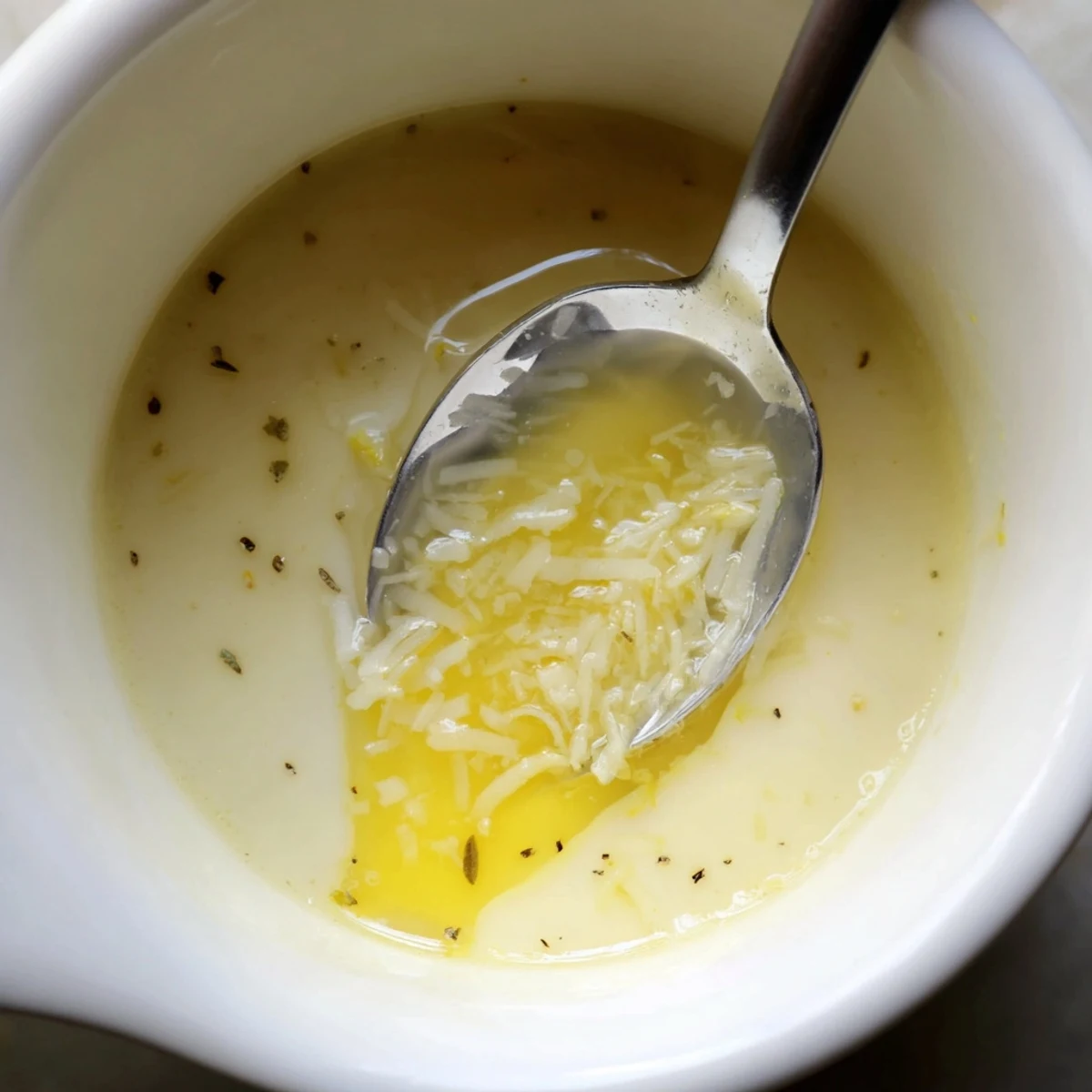 Parmesan Vinaigrette Recipe drizzled over crisp mixed greens, creamy tang and garlic