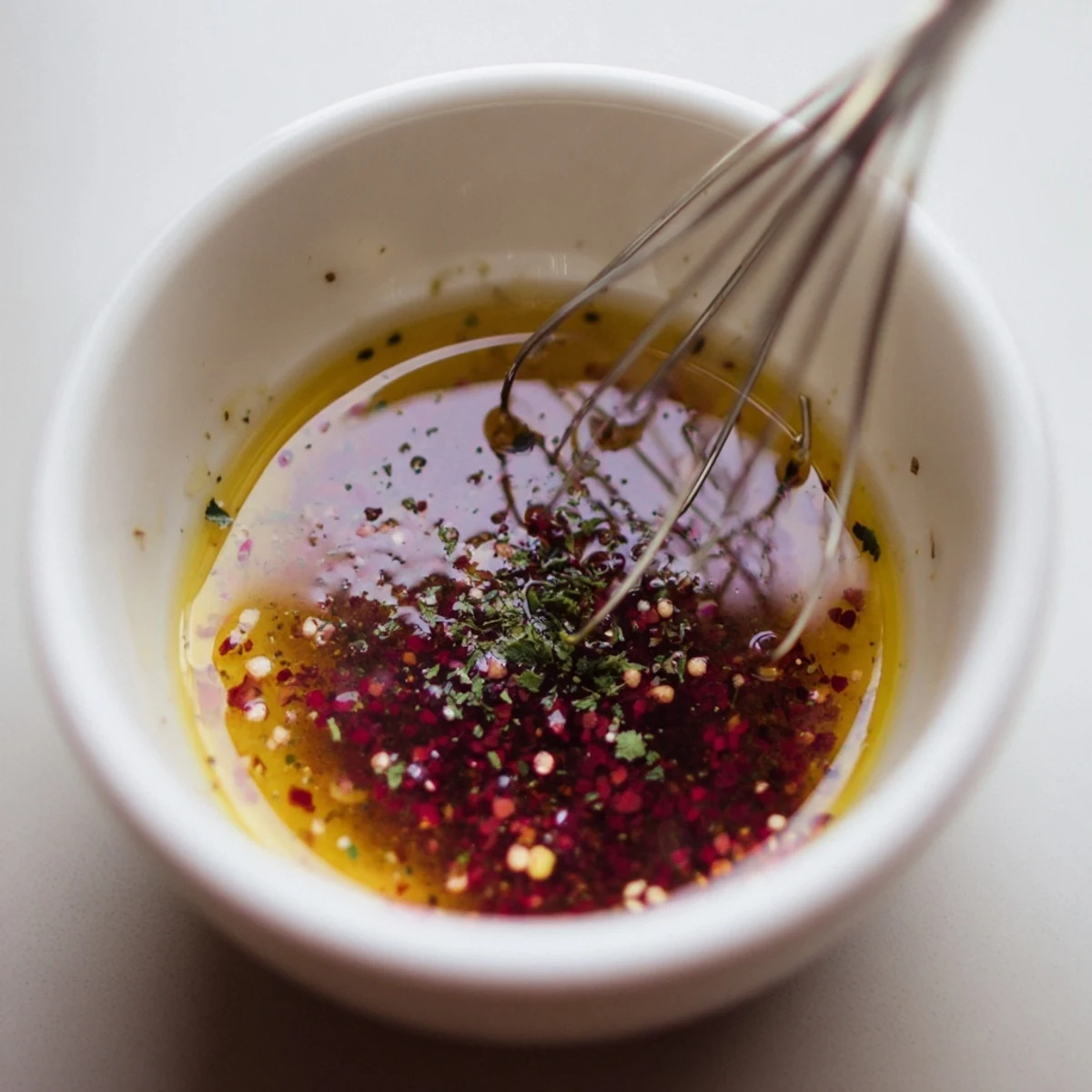Homemade Vinaigrette Dressing shimmering over mixed greens, tangy aroma and herbs