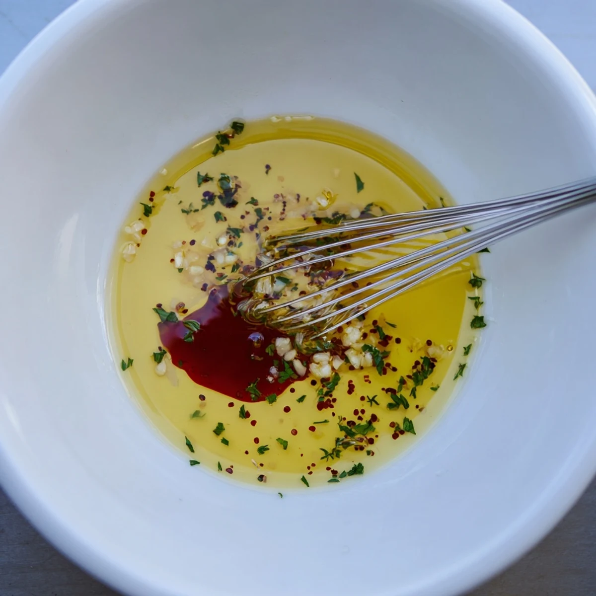 Rustic bowl of Homemade Vinaigrette Dressing ready to drizzle on roasted vegetables