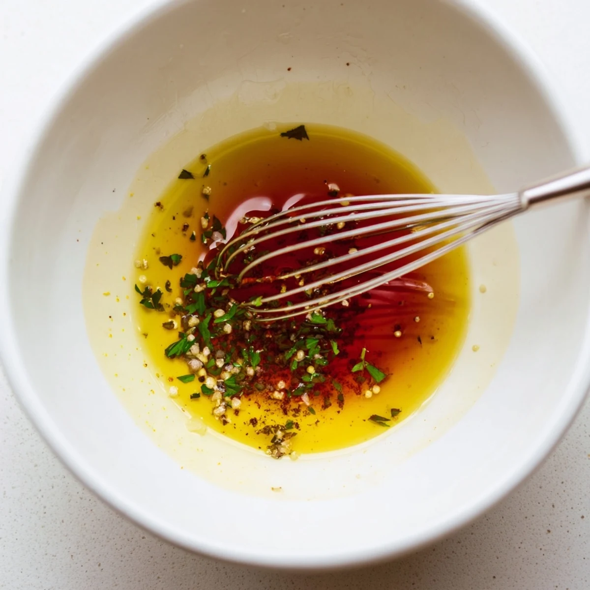 Jar of Homemade Vinaigrette Dressing with whisk, glossy emulsion and lemon zest