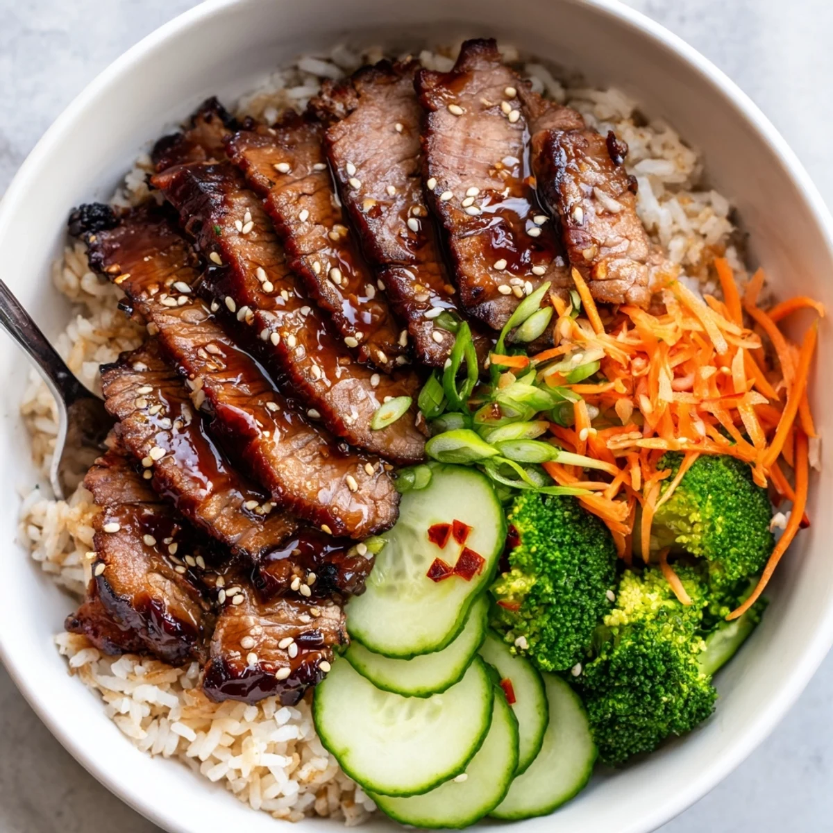 Savory Char Siu Beef Rice Bowl with caramelized beef, fluffy jasmine rice