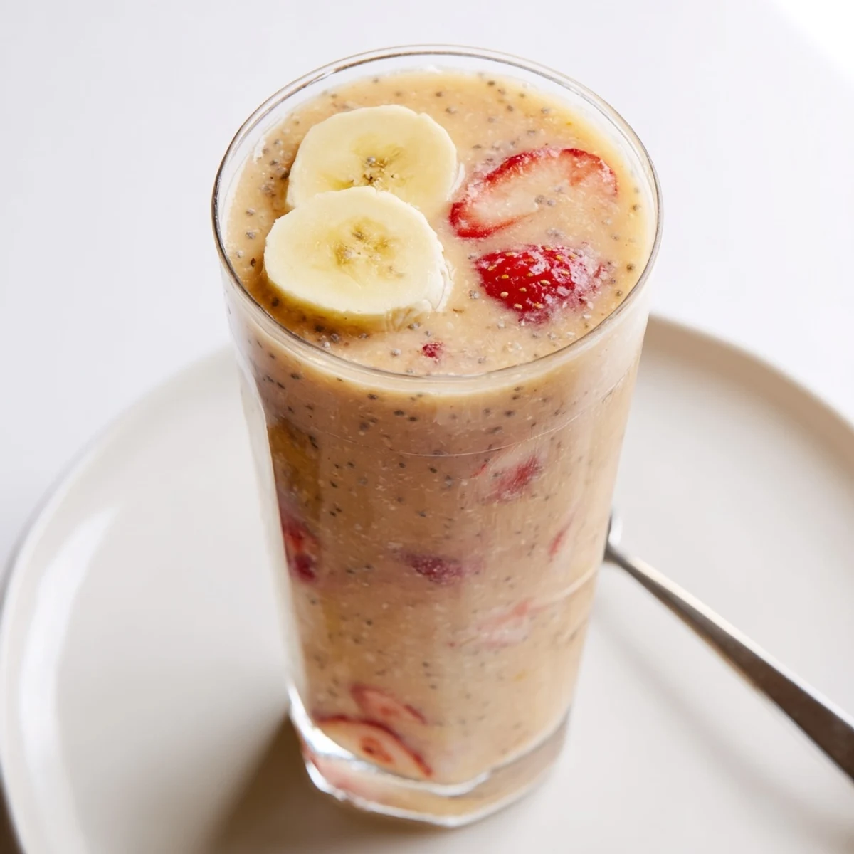 A chilled glass of Banana Strawberry Pineapple Smoothie, creamy tropical scent