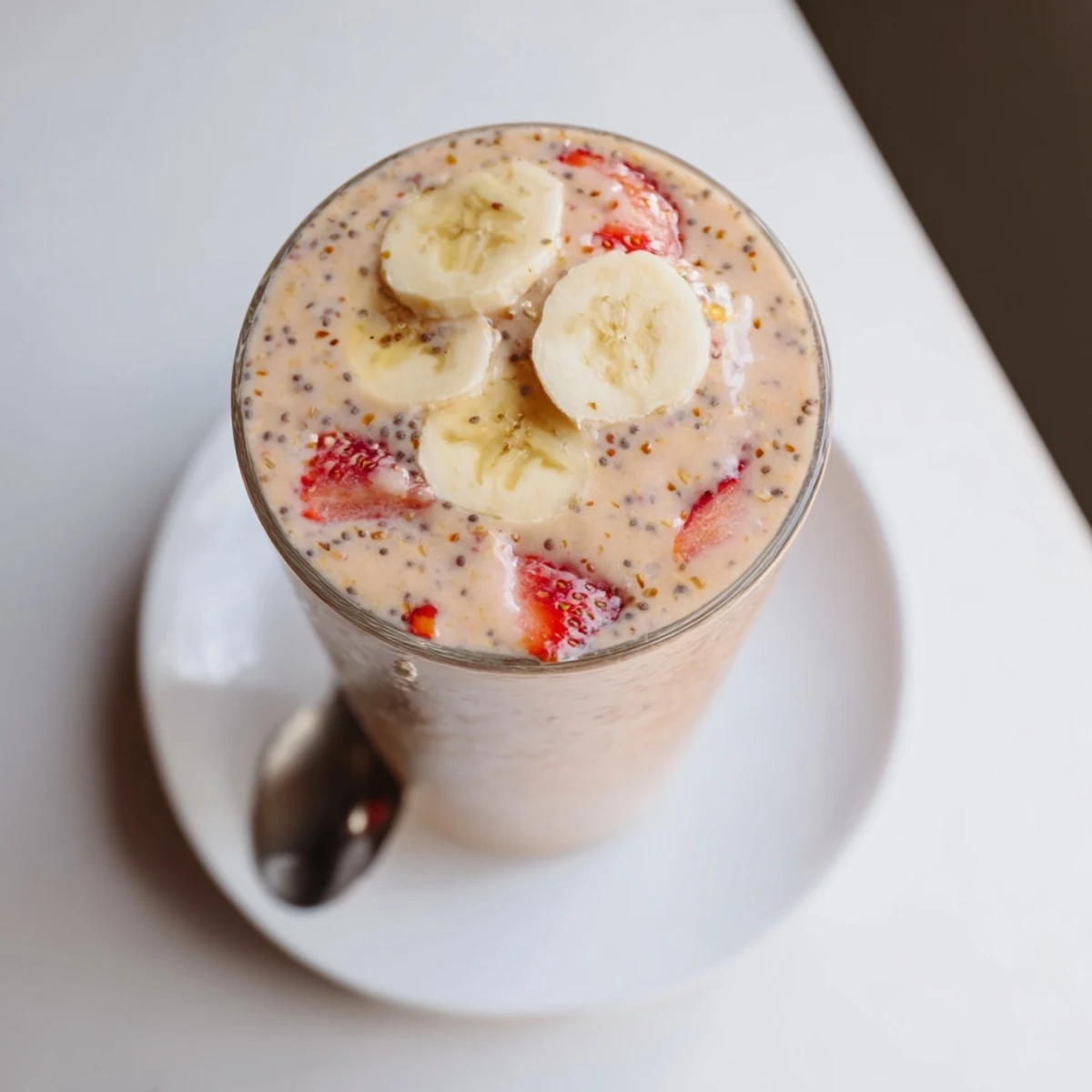 Vibrant Banana Strawberry Pineapple Smoothie poured over ice, bright fruit flavors