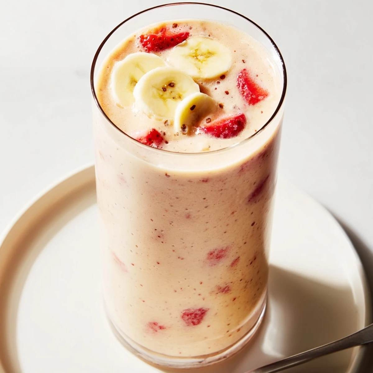 Thick Banana Strawberry Pineapple Smoothie topped with chia seeds, breakfast-ready