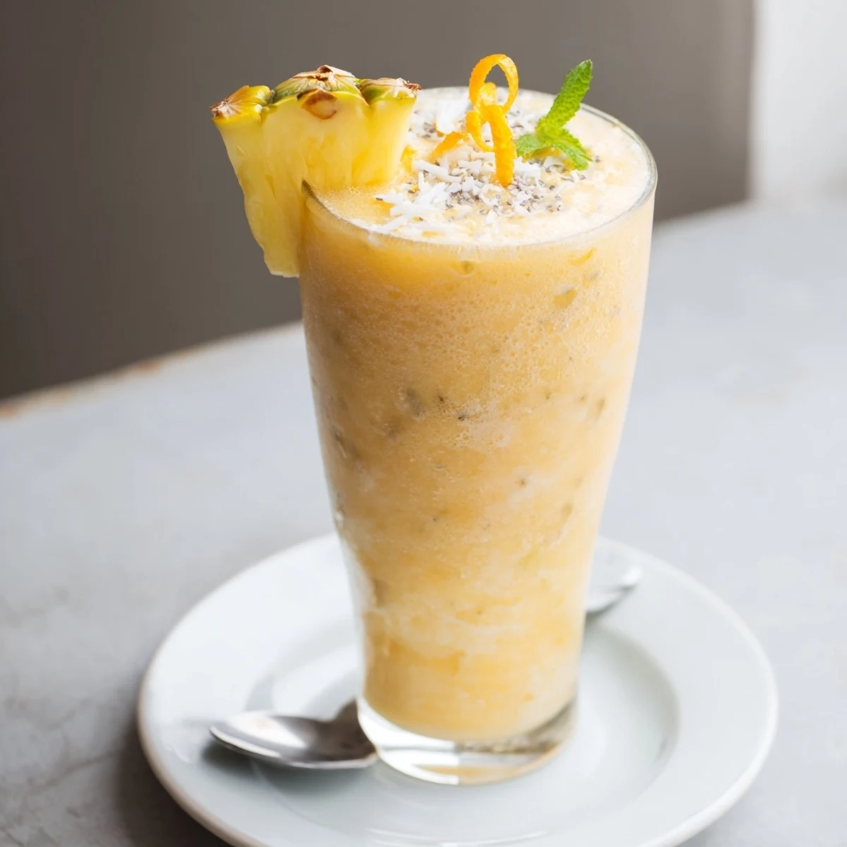 Pineapple Orange Smoothie in tall glass, frothy, bright citrus aroma, garnished mint.