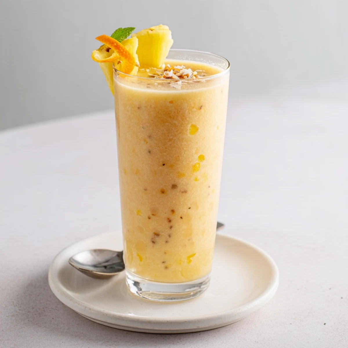 Refreshing Pineapple Orange Smoothie poured over ice, tropical sweetness and zing.