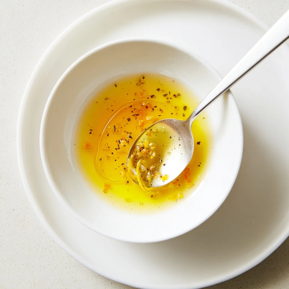 Whisked Orange Vinaigrette emulsifying in bowl, honeyed sweetness, zesty orange zest