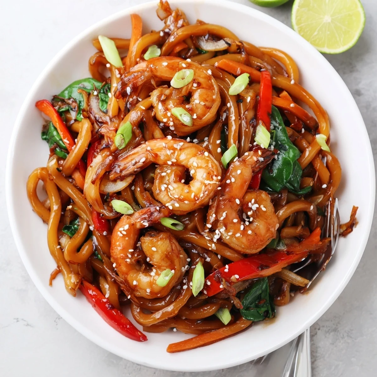 Bowl of Savory Shrimp Yaki Udon Delight steaming, sprinkled with toasted sesame.