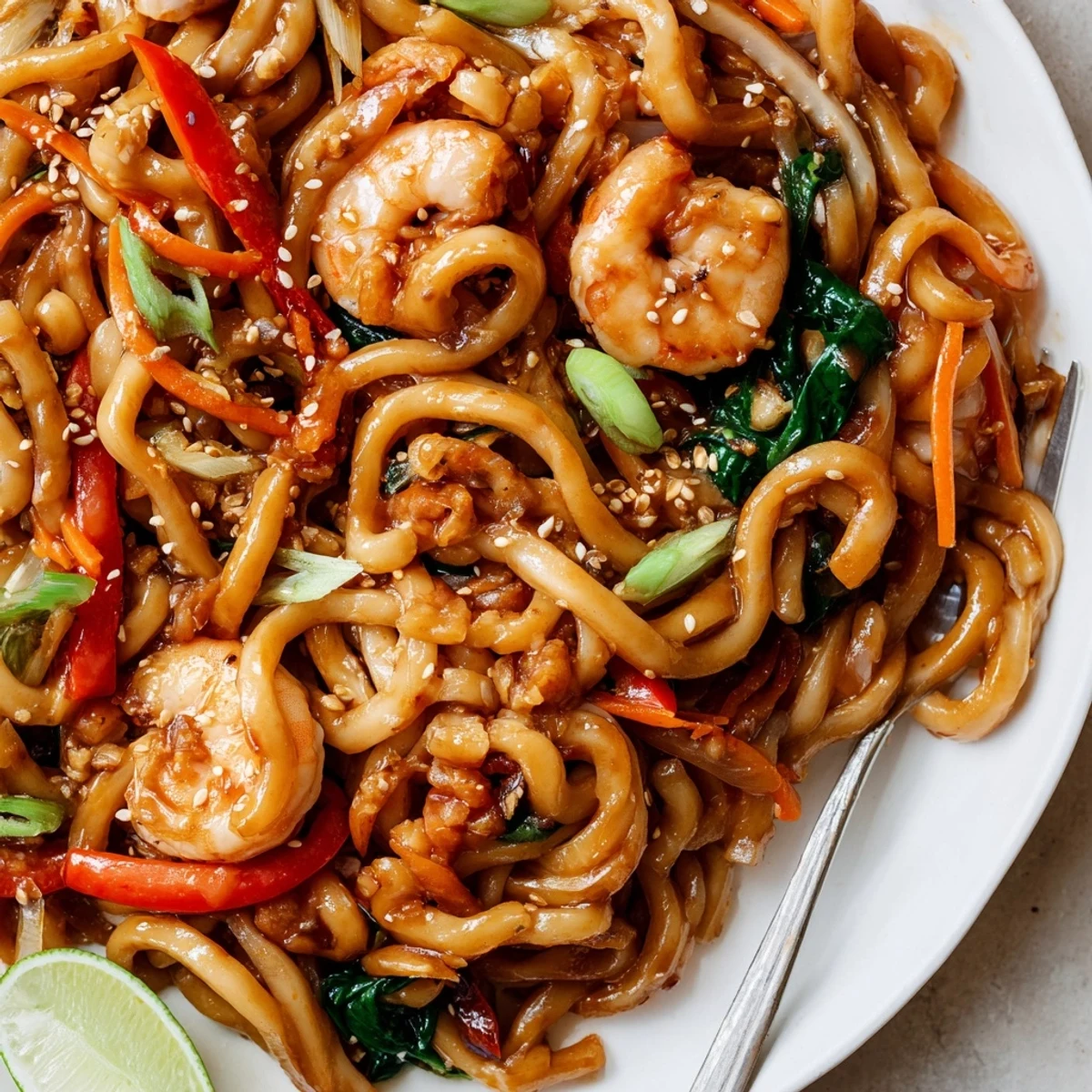 Savory Shrimp Yaki Udon Delight with glossy noodles, seared shrimp, crisp bell pepper.