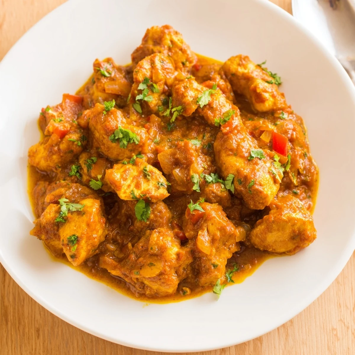 Heavenly Homemade Indian Chicken Curry steaming over basmati rice, fragrant spices  