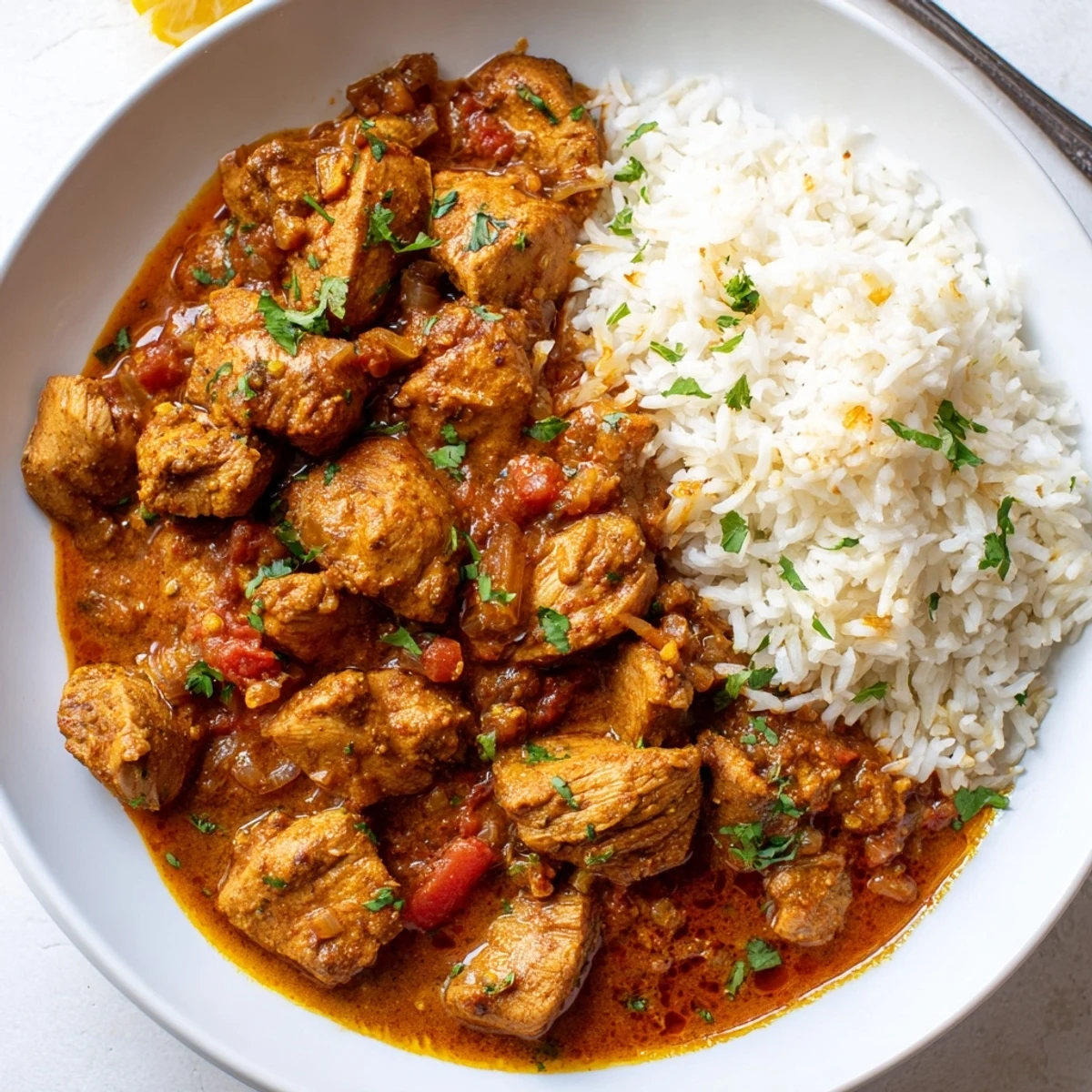 A bowl of Heavenly Homemade Indian Chicken Curry, creamy sauce and cilantro  