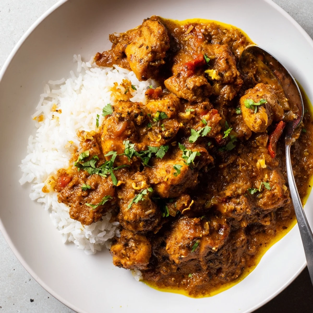 Spoon-ready Heavenly Homemade Indian Chicken Curry with yogurt richness and warm spices
