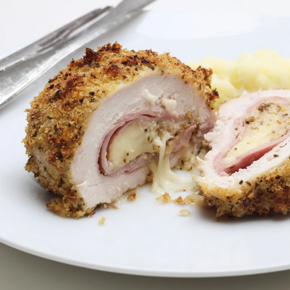 Golden Crispy Chicken Cordon Bleu Delight, sliced to reveal melted Swiss.