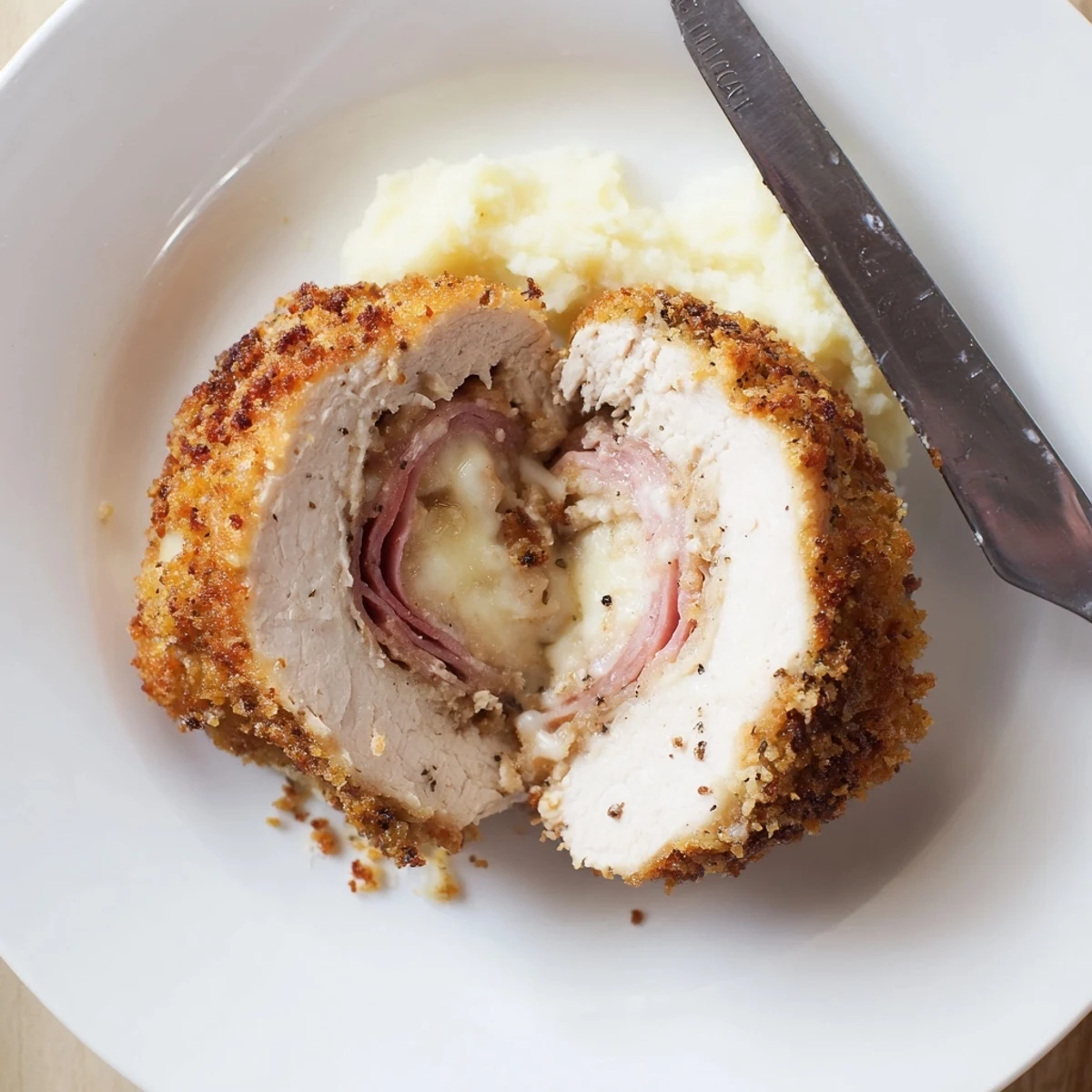 Melted cheese oozes from Golden Crispy Chicken Cordon Bleu Delight on plate.