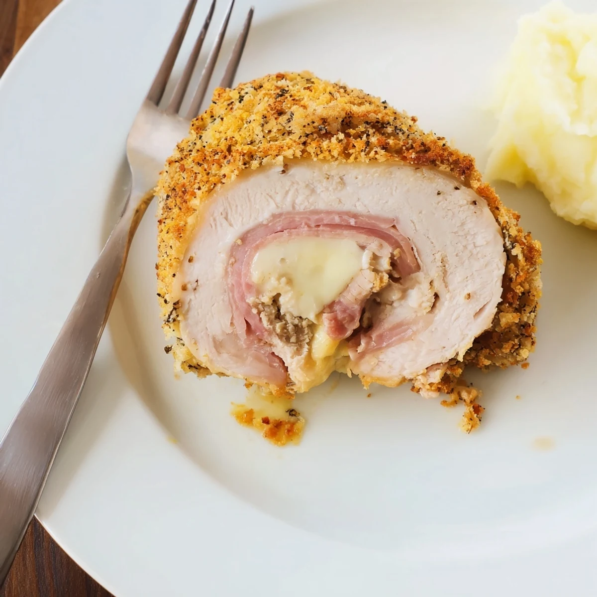 Pan-seared Golden Crispy Chicken Cordon Bleu Delight resting beside green salad.