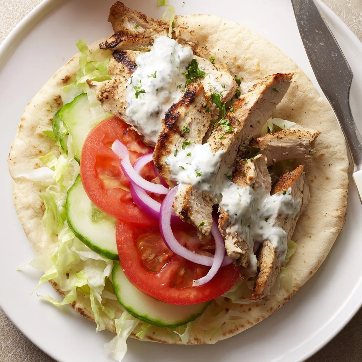 Charred chicken and crisp veggies in Savory Grilled Chicken Gyros With Creamy Garlic Sauce