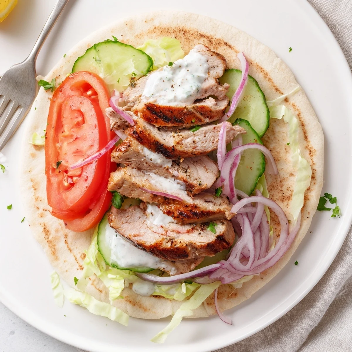Savory Grilled Chicken Gyros With Creamy Garlic Sauce drizzled over warm pita