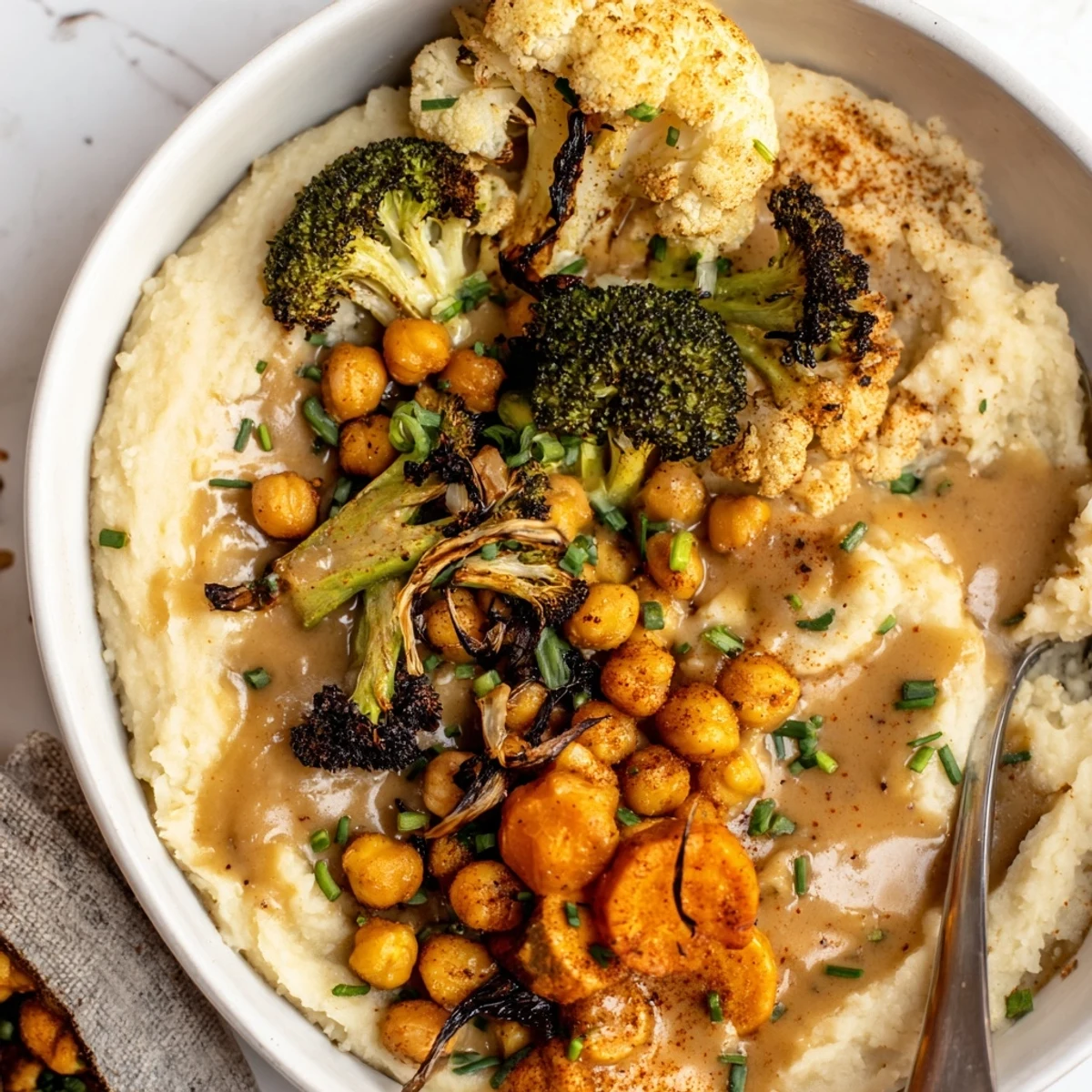 Hearty Vegan Mashed Potato Bowls steaming warm, smothered in savory vegan gravy.