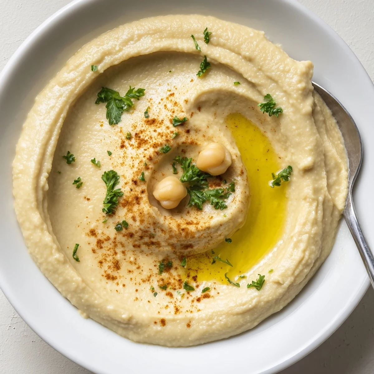 Smooth Hummus swirled with olive oil, sprinkled paprika, served with warm pita