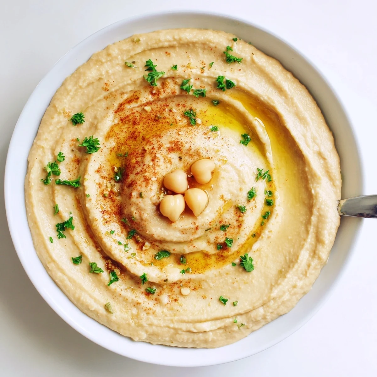 Creamy Smooth Hummus in bowl, lemon and tahini aroma, veggie dippers