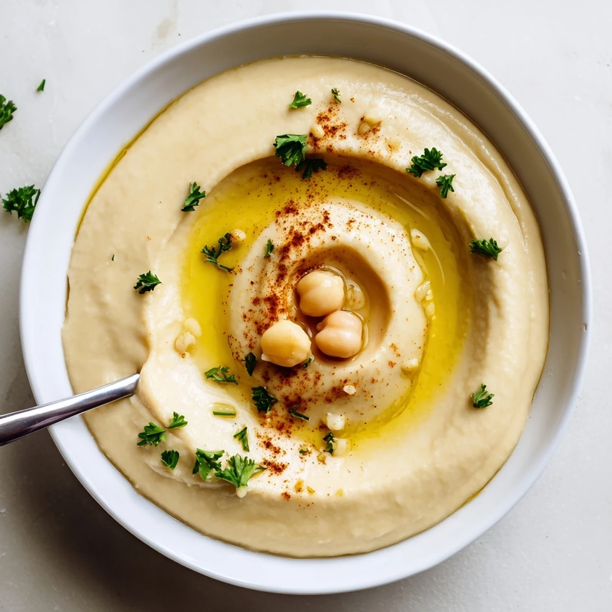 Silky Smooth Hummus topped with parsley, ideal appetizer for gatherings