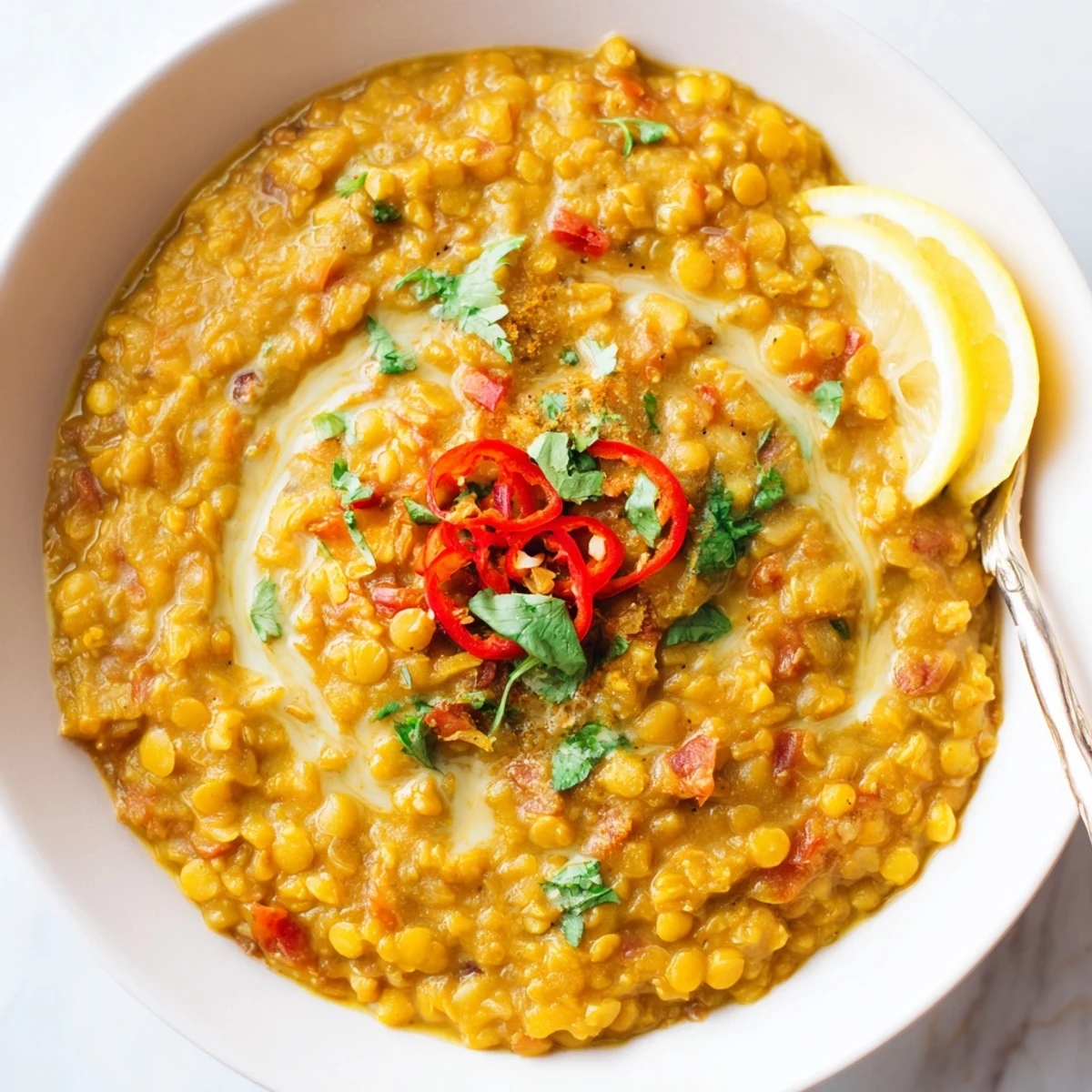 Creamy One Pot Lentil Dal brightened with lemon juice, ideal with naan