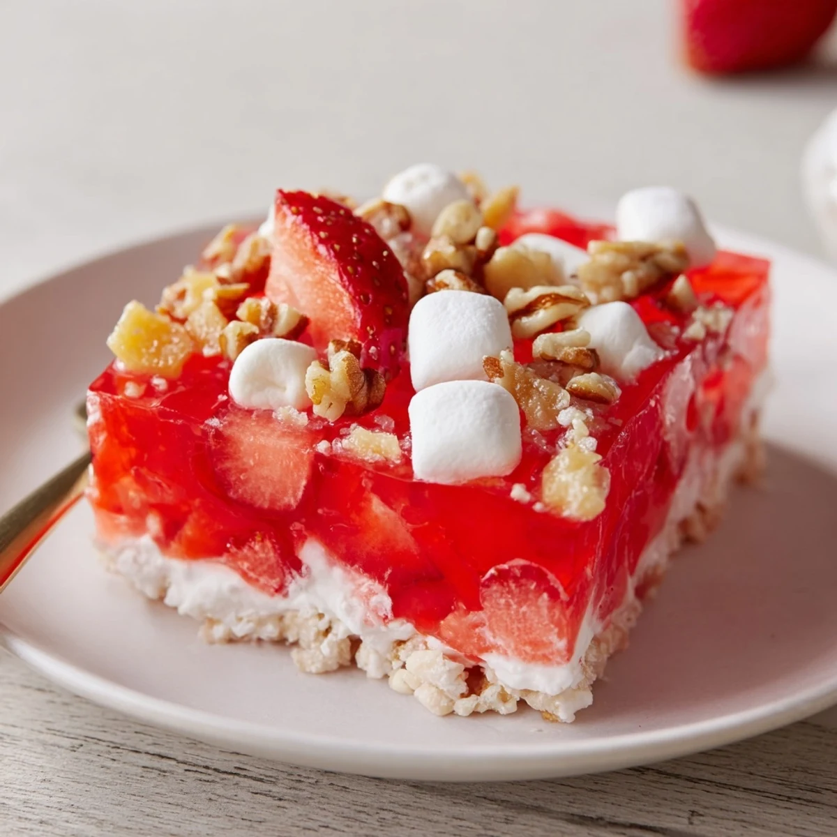 Strawberry Crackle Salad with glossy strawberries, creamy layer, crunchy caramelized topping