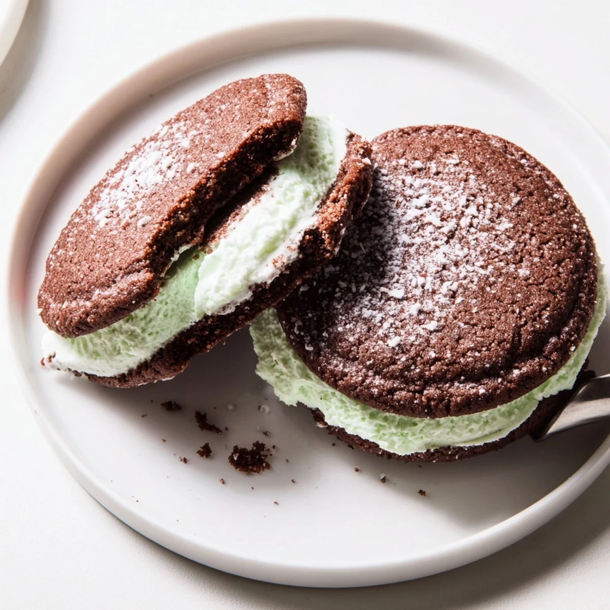 Warm Chocolate Peppermint Sandwich Cookies cooling on rack, minty aroma wafting