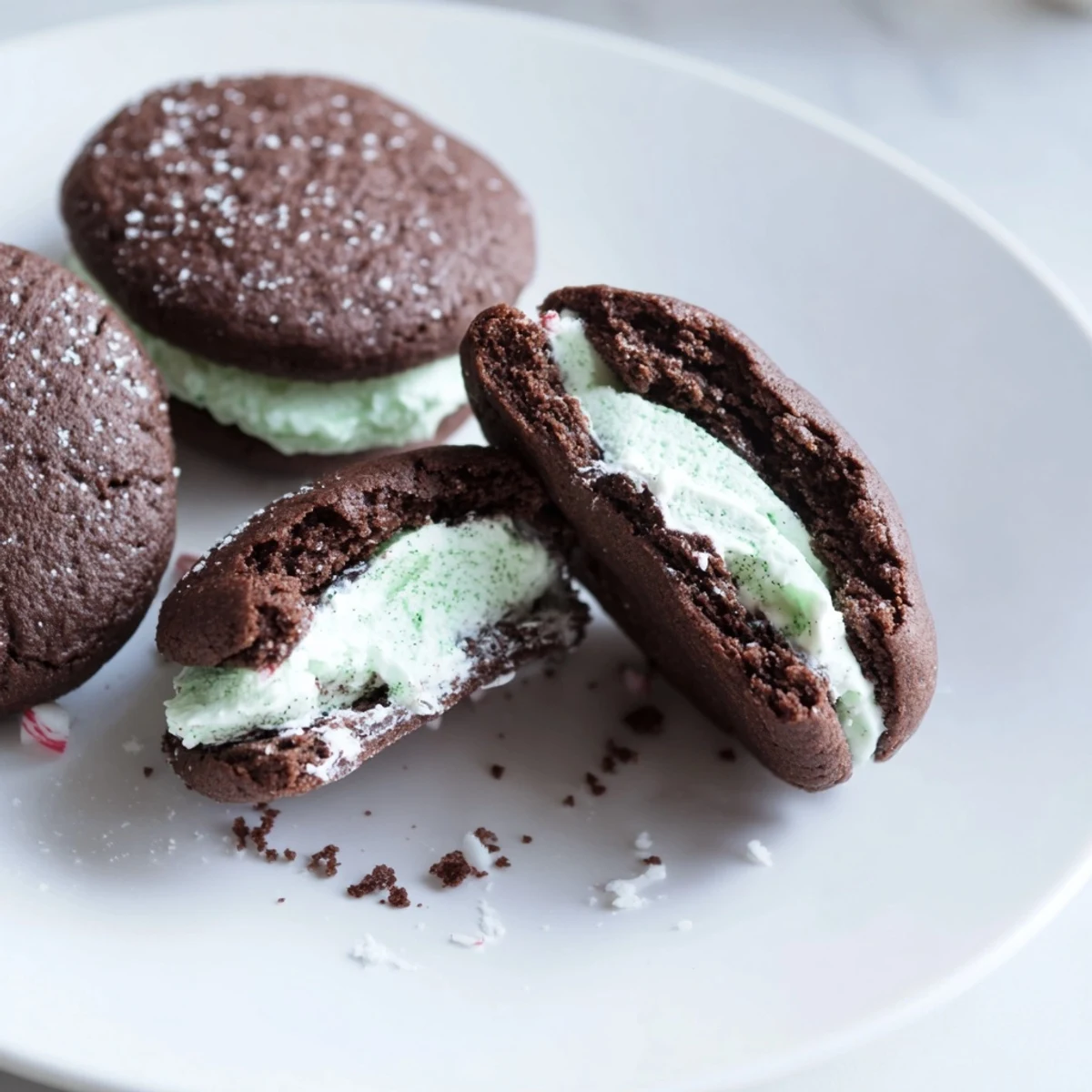 A plate of Chocolate Peppermint Sandwich Cookies, glossy filling and peppermint crumbs