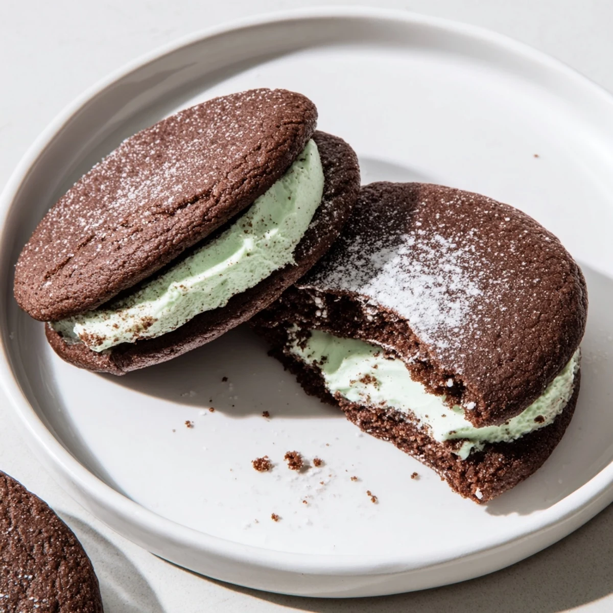 Two hands holding Chocolate Peppermint Sandwich Cookies, soft chocolate edges and creamy center