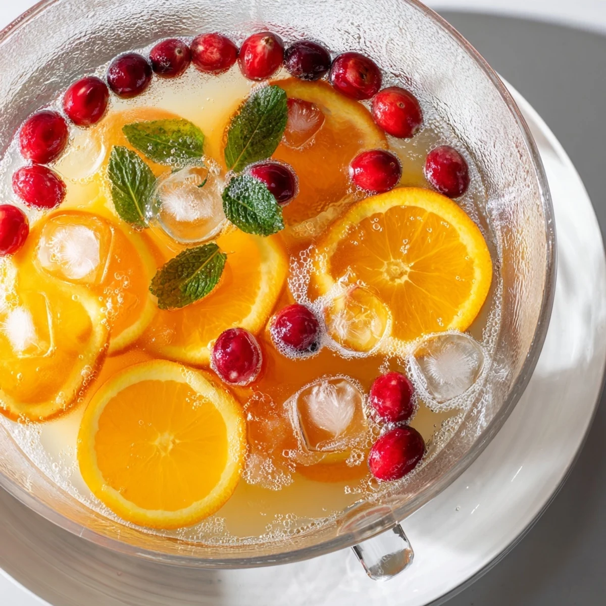 Christmas Punch in clear bowl with floating orange slices and mint