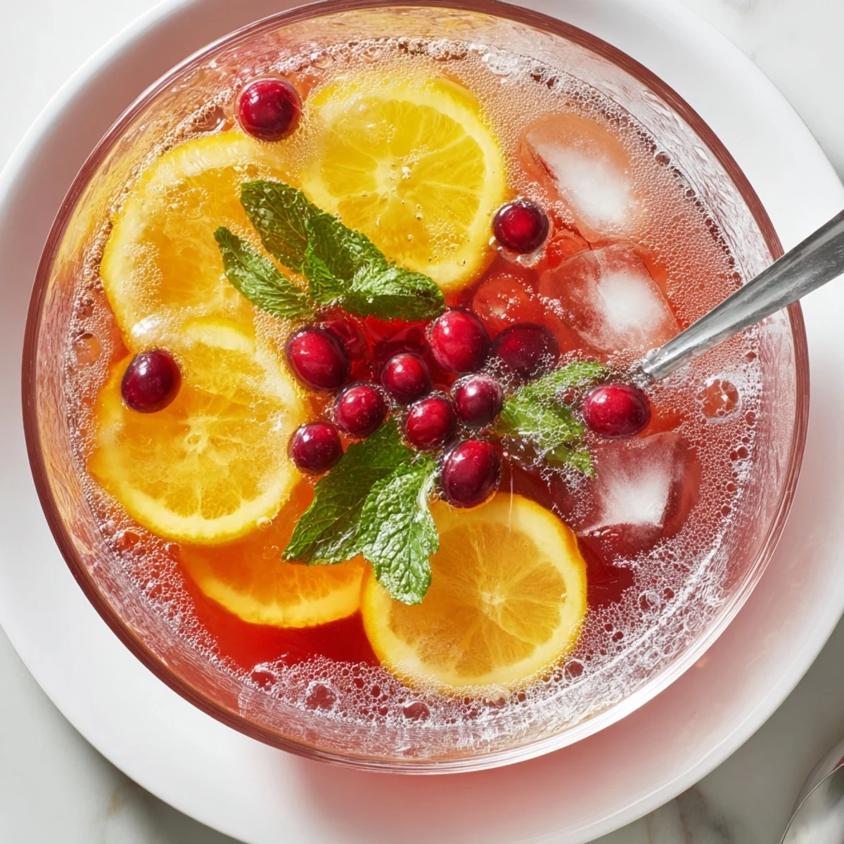 Chilled Christmas Punch bubbling with ginger ale, cranberries, citrus slices for guests