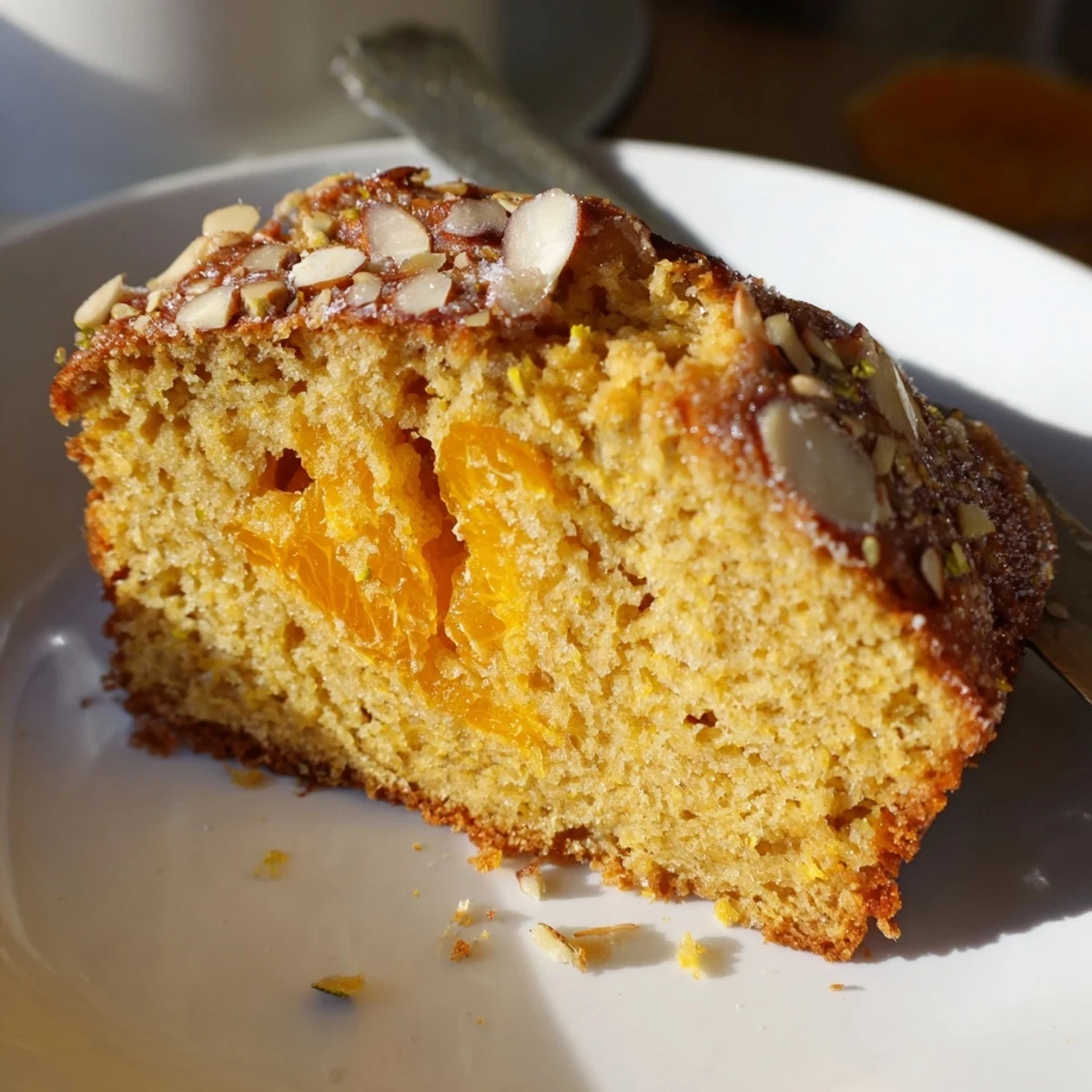 Warm Gluten Free Orange Cardamom Bread with glossy orange glaze, almond flakes