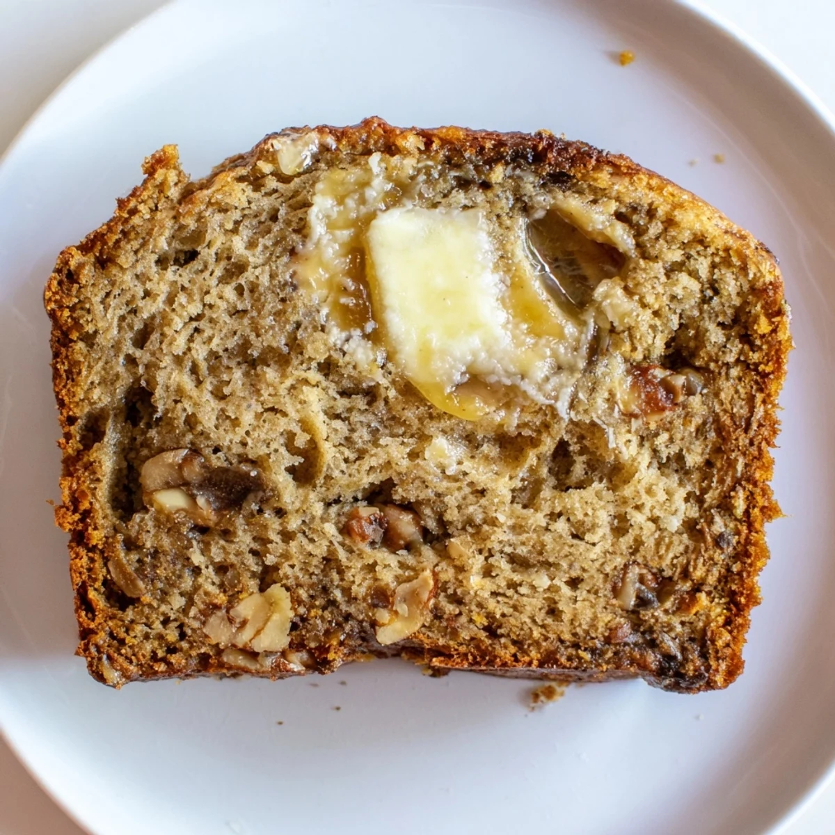 Warm Banana Bread loaf sliced on wire rack, buttery aroma and crumbs.