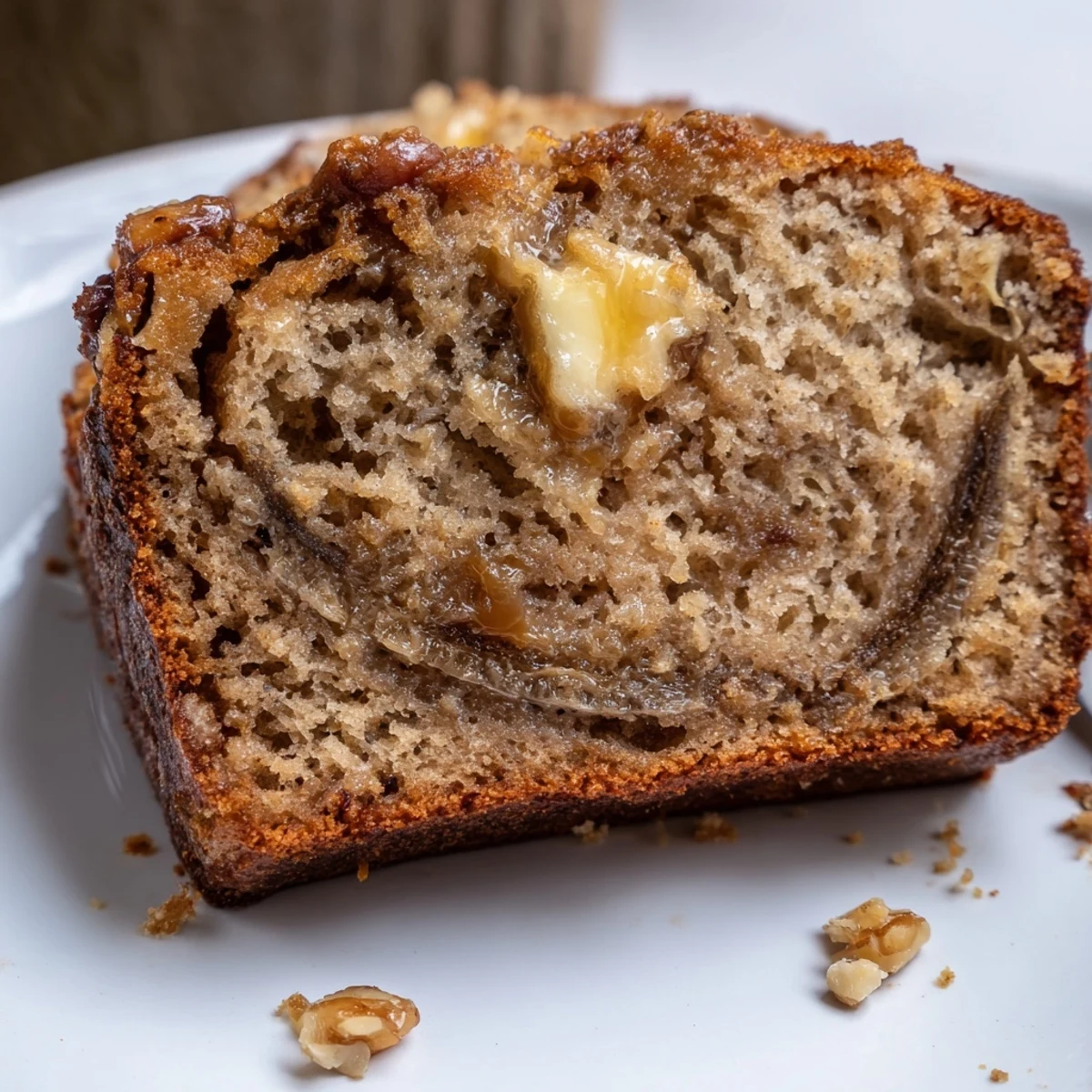 Freshly baked Banana Bread with melted butter, served for breakfast.