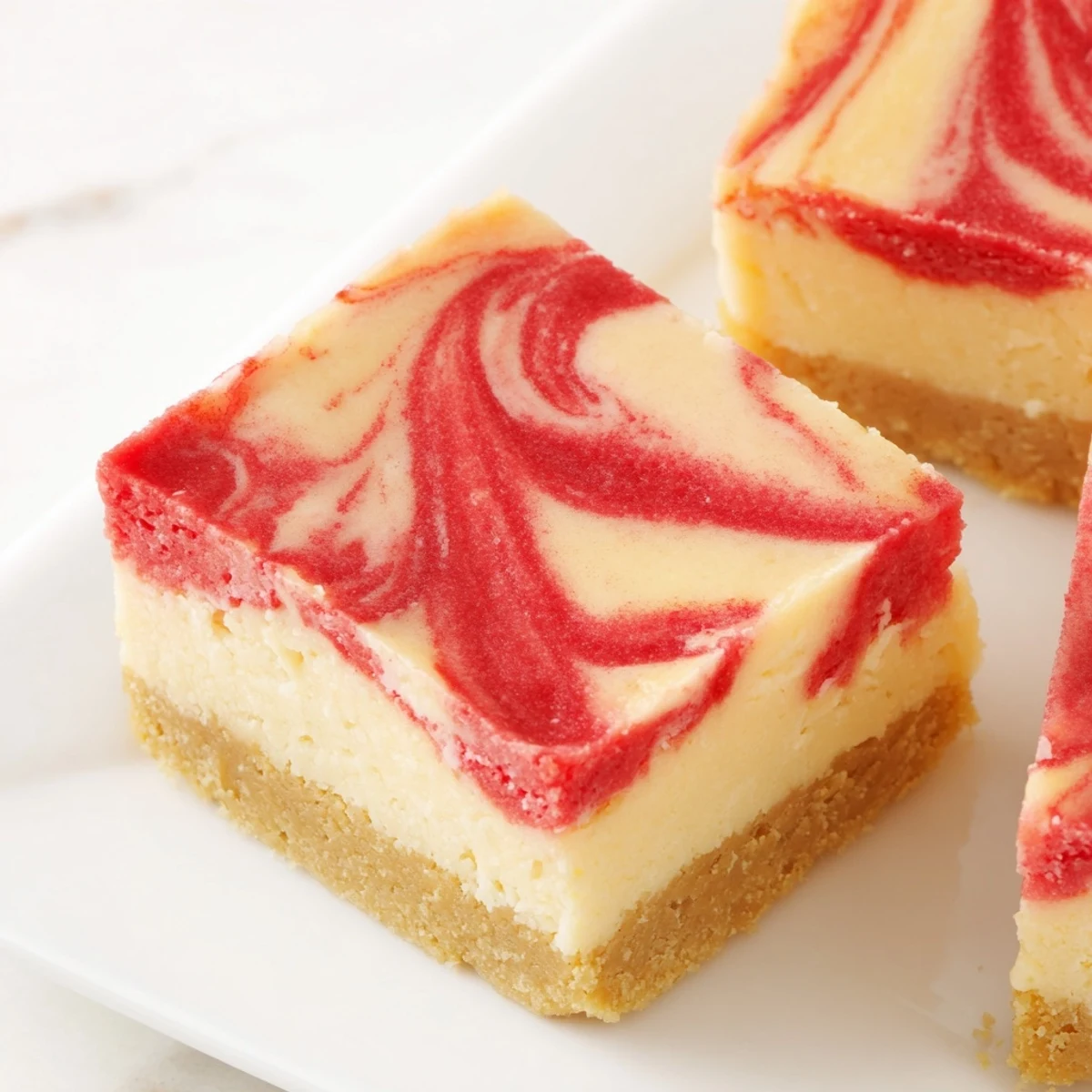 Creamy strawberry swirl cheesecake bars with graham cracker crust and red berry marbling pattern