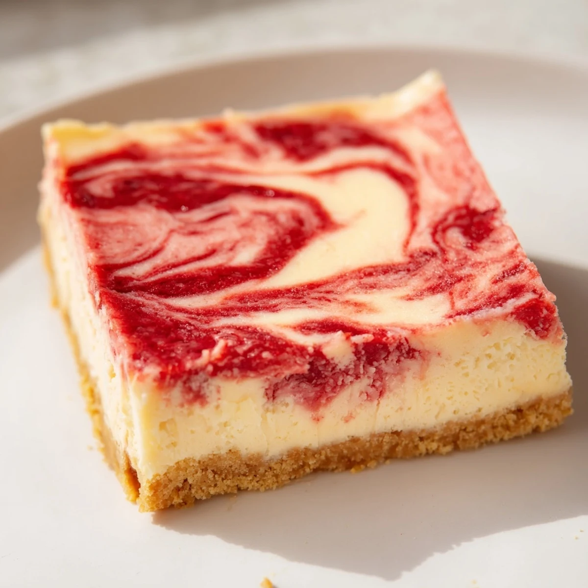 Square cheesecake bars featuring fresh strawberry swirl topping and golden buttery graham cracker base