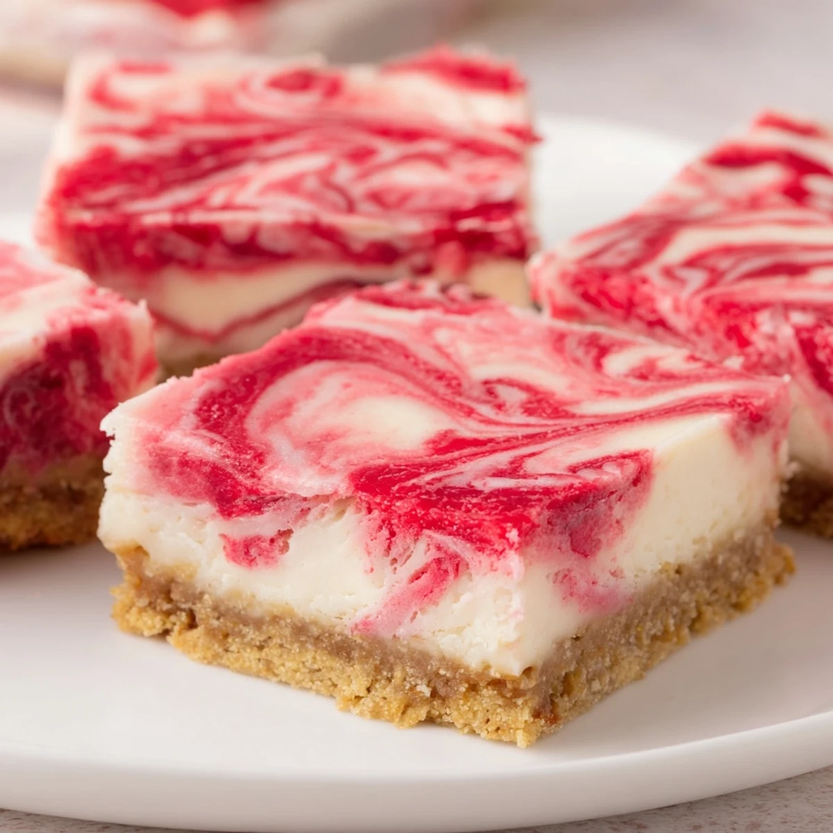 Homemade strawberry swirl cheesecake bars cut into squares with vibrant red fruit ribbons throughout