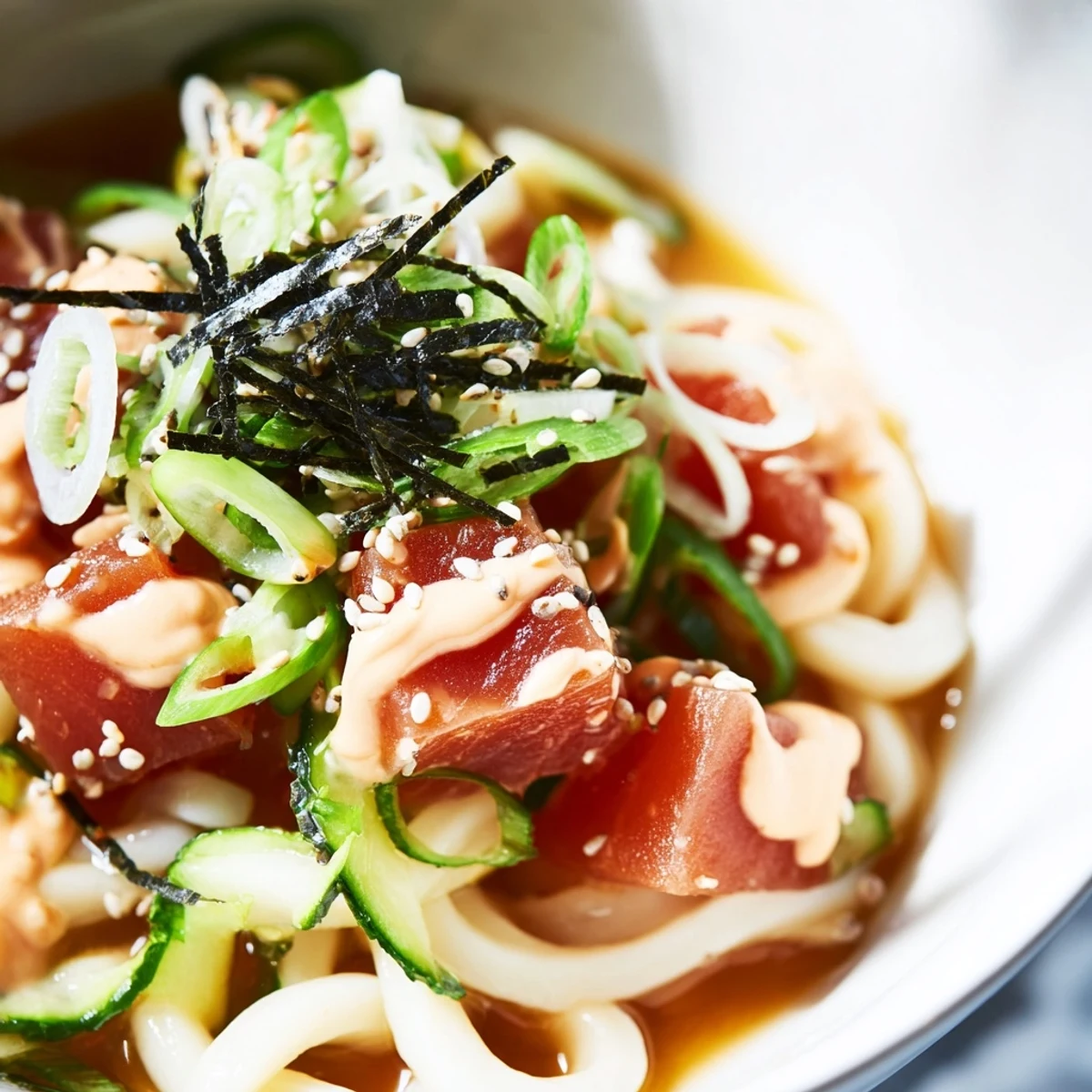 Savory Japanese-style udon noodle soup featuring marinated spicy tuna with nori and chili oil