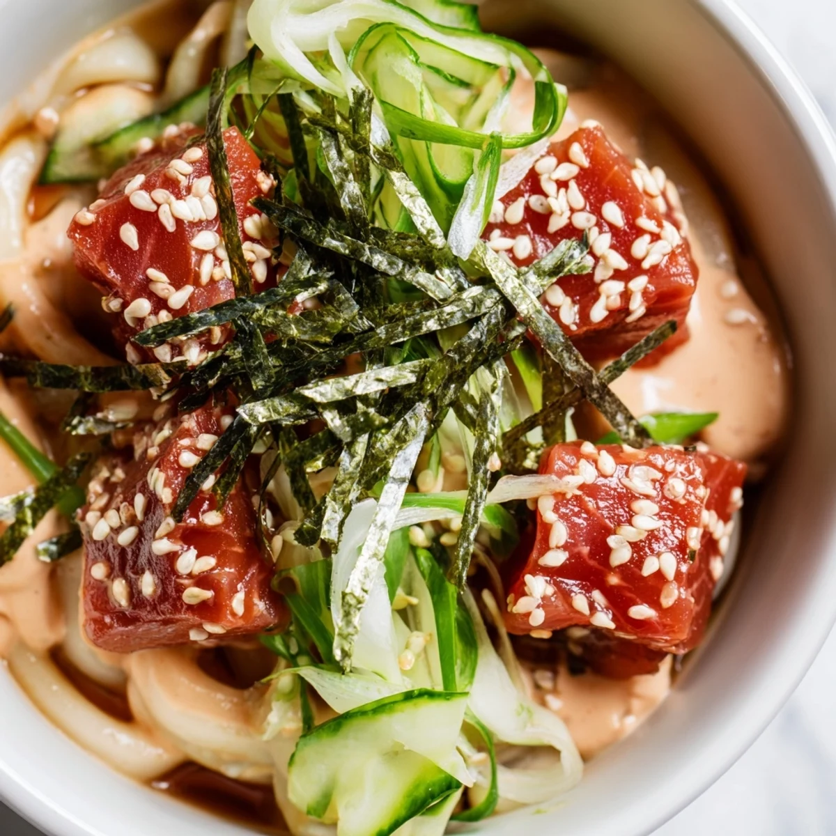 Steamy udon bowl with tender spicy tuna, crunchy vegetables, and garnishes of sesame seeds