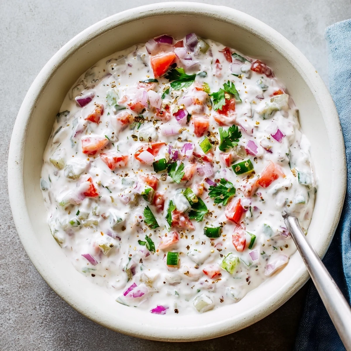 Creamy Grillos pickle de gallo ranch dip served in a white bowl with colorful red tomato chunks, green cilantro, and tortilla chips surrounding the dish.