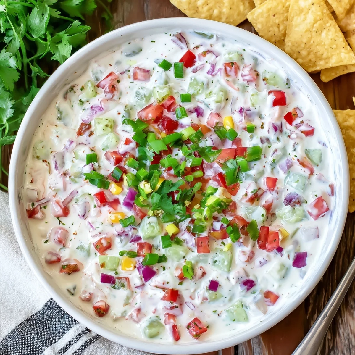A close-up shot of Grillos pickle de gallo ranch dip showcasing its thick texture with diced pickles, onions, and fresh herbs mixed throughout the white creamy base.