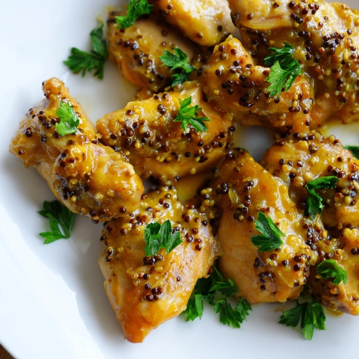 Golden oven baked honey mustard chicken breasts glazed with sweet tangy sauce and garnished with fresh parsley
