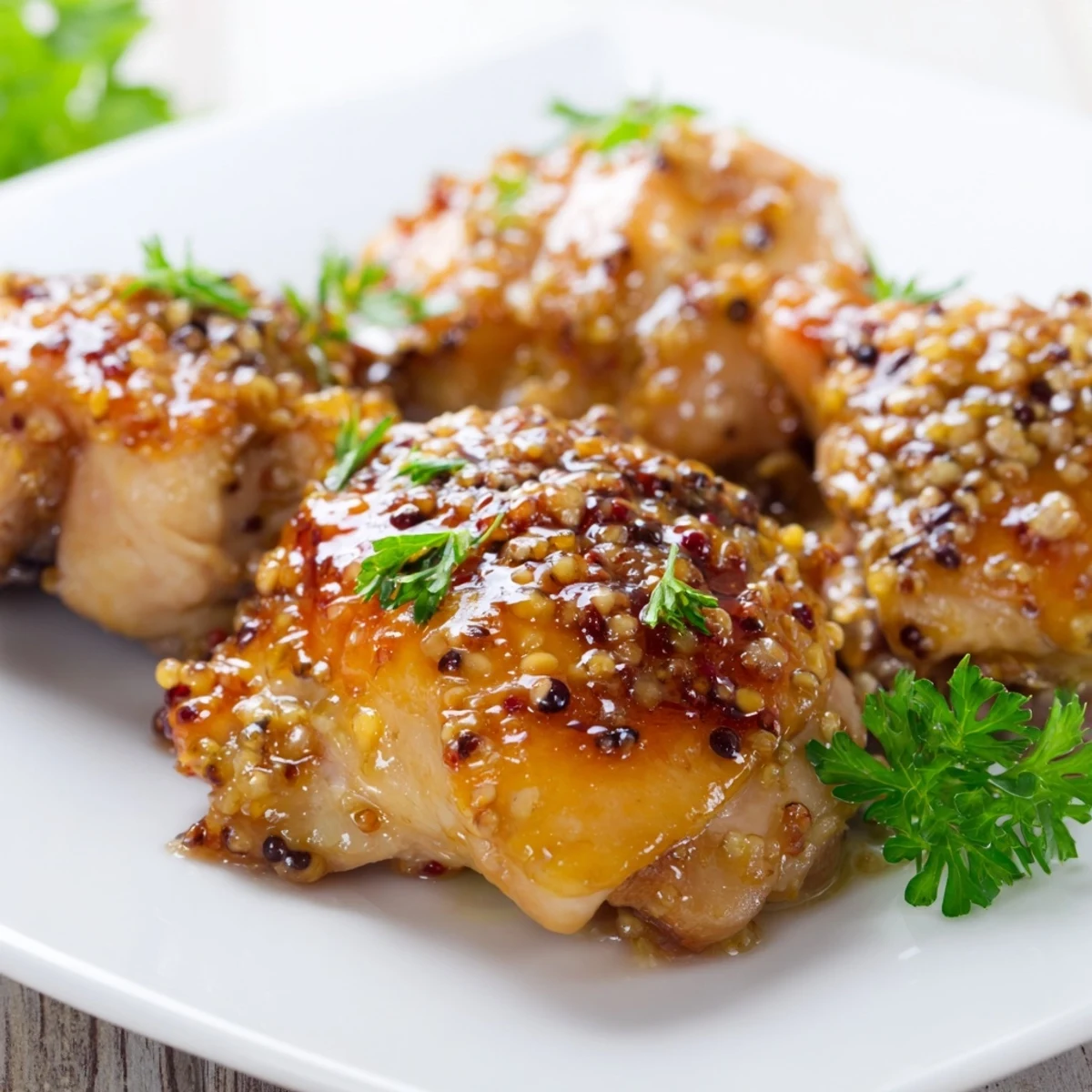 Juicy oven baked honey mustard chicken served on a white plate with roasted vegetables and rice dinner