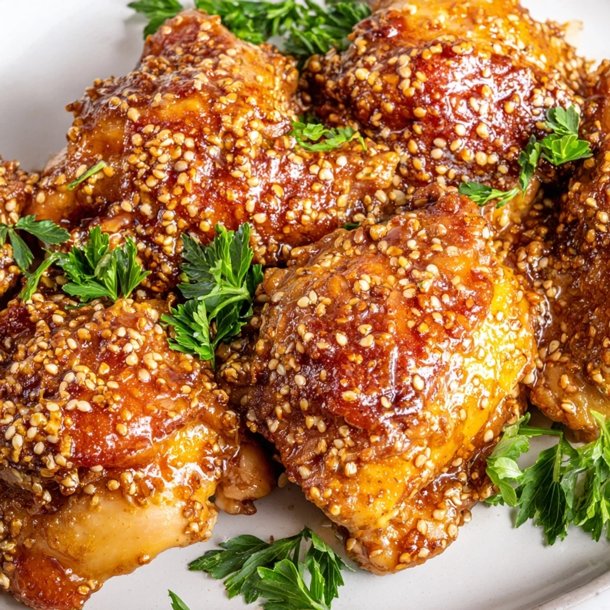 Crispy skinned oven baked honey mustard chicken pieces coated in thick honey mustard glaze and ready to serve