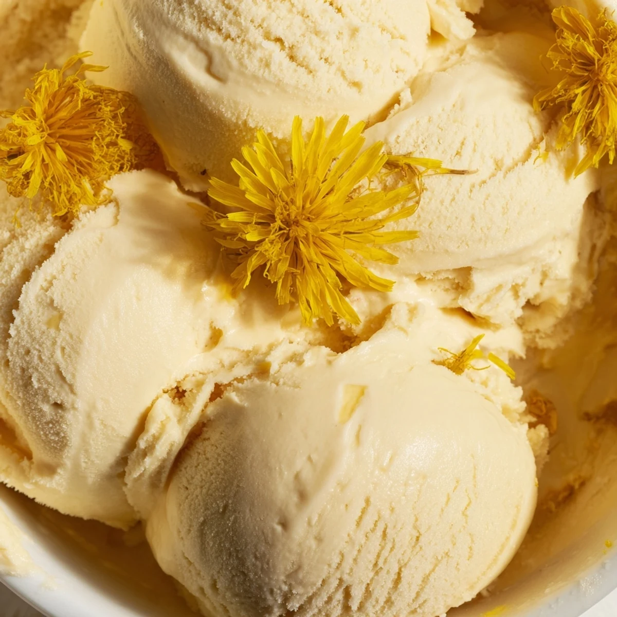 Creamy dandelion honey ice cream with golden swirls served in a chilled glass bowl
