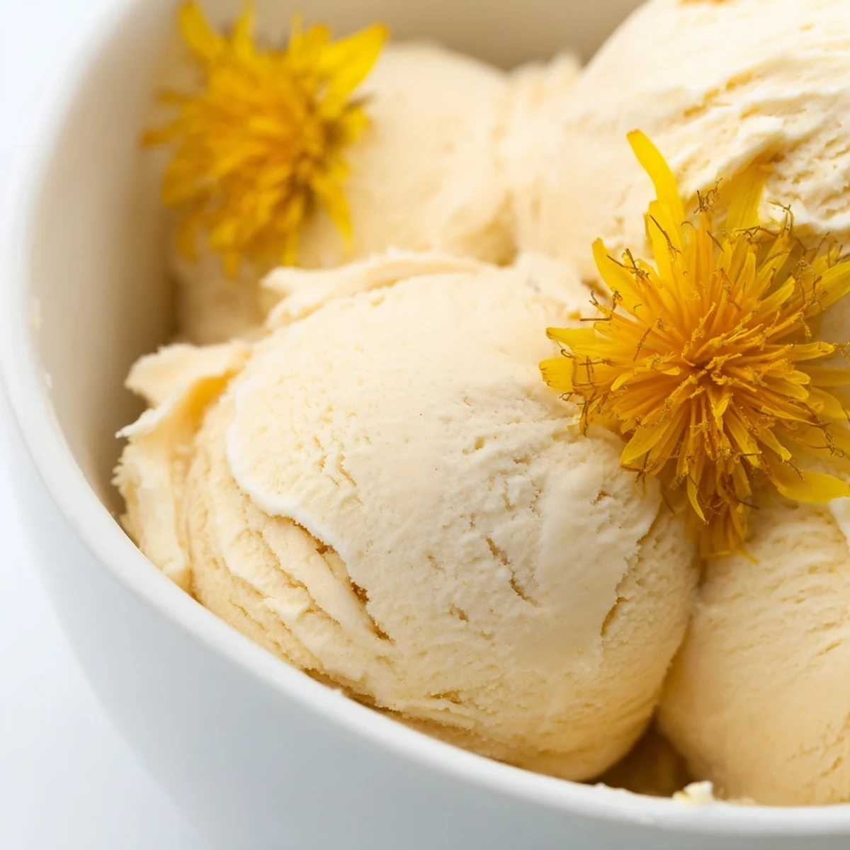 Homemade dandelion honey ice cream scooped into vintage dessert bowls for spring gatherings