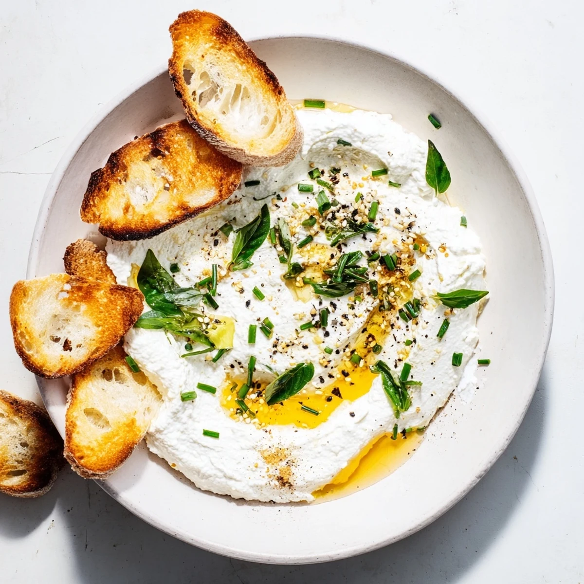Creamy whipped ricotta topped with honey and fresh herbs served on wooden board